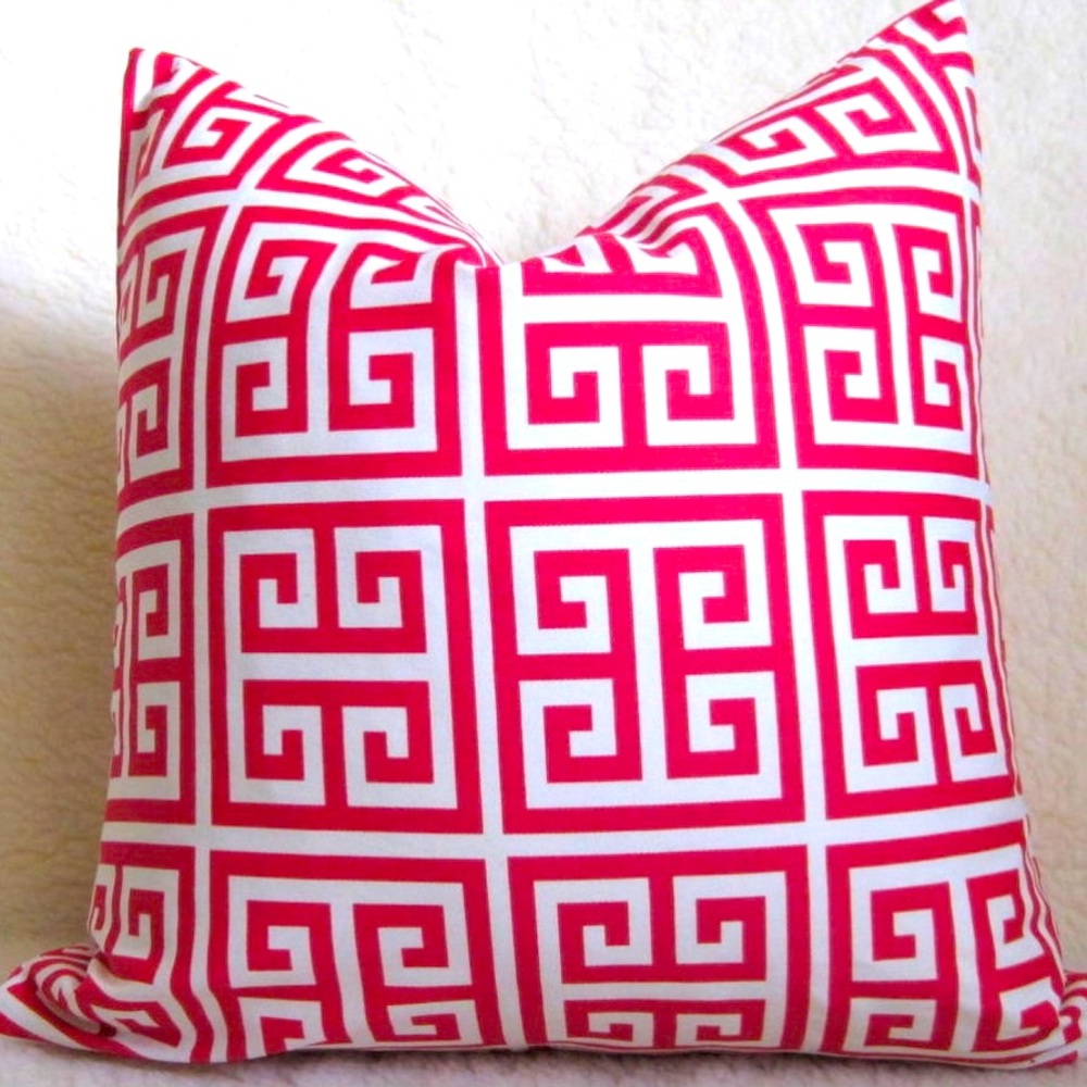 Greek Key  design hot pink and white accent pillow by Willa Skye Designs.
